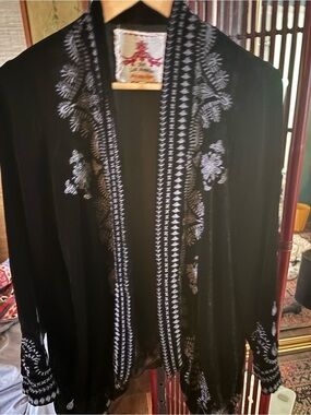 Johnny Was Midnight Blue Velvet Embroidered Open-Front Women's Tunic
